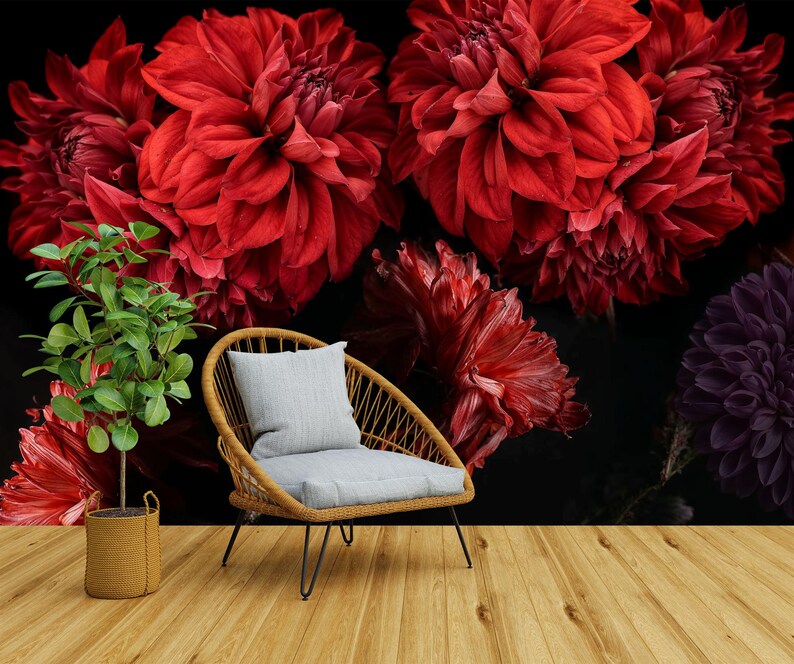 Red Dahlia Floral Peonies Wallpaper Mural Art Print
