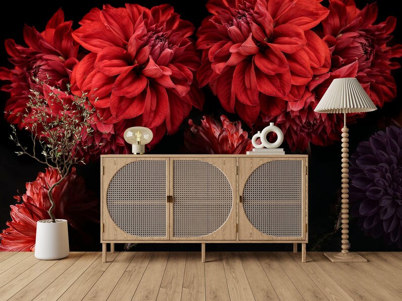 Red Dahlia Floral Peonies Wallpaper Mural Art Print