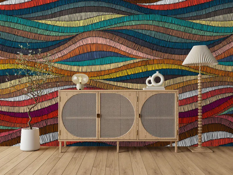 Rainbow Waves Wallpaper Mural, Boho Ethnic Gift
