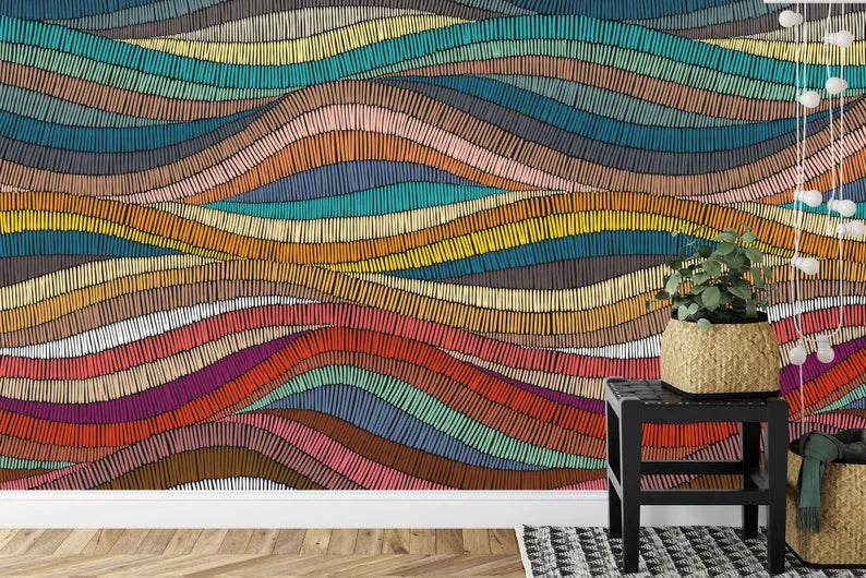 Rainbow Waves Wallpaper Mural, Boho Ethnic Gift