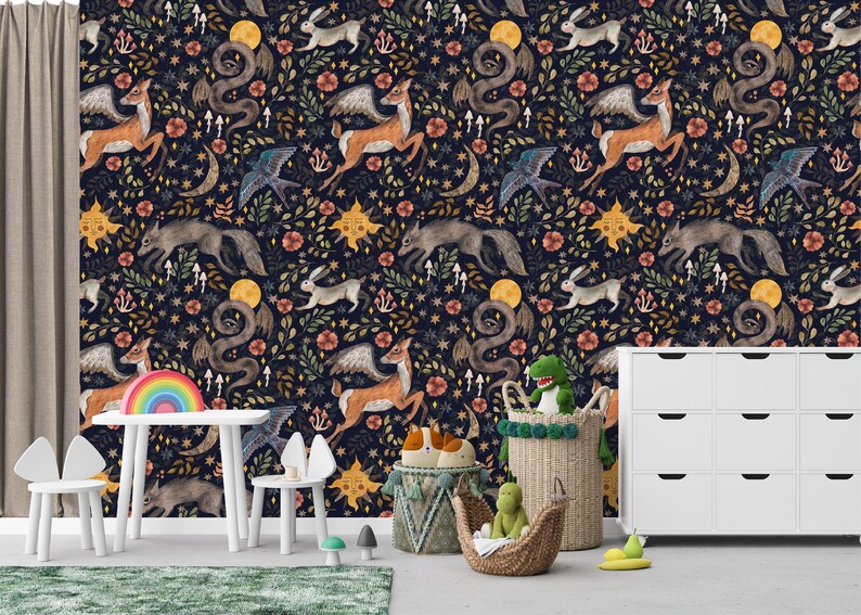 Watercolor Nursery Wallpaper Mural: Woodland Animals