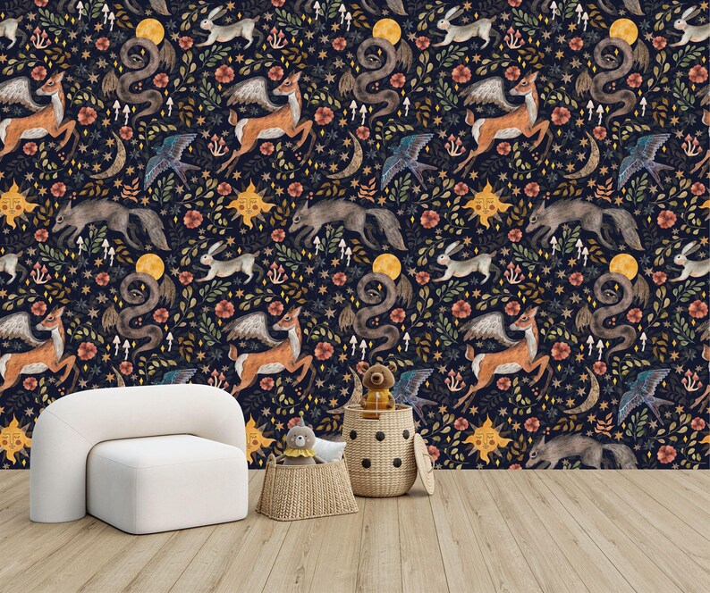 Watercolor Nursery Wallpaper Mural: Woodland Animals