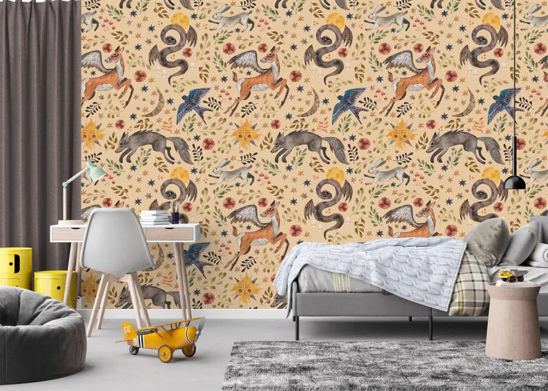 Watercolor Nursery Wallpaper Mural: Mythical Animals