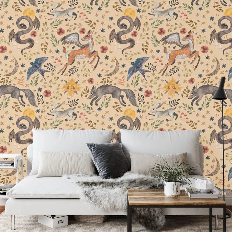Watercolor Nursery Wallpaper Mural: Mythical Animals