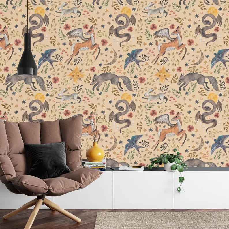 Watercolor Nursery Wallpaper Mural: Mythical Animals