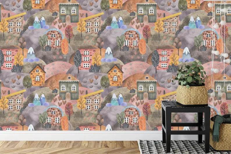 Watercolor Houses Wallpaper Mural, Nursery Kids Room Decor