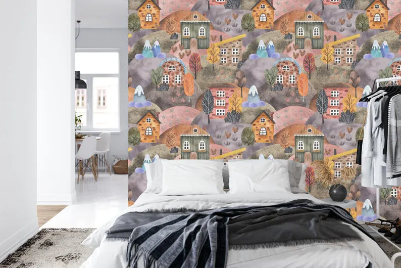 Watercolor Houses Wallpaper Mural, Nursery Kids Room Decor
