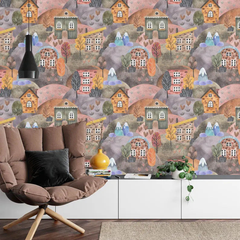 Watercolor Houses Wallpaper Mural, Nursery Kids Room Decor