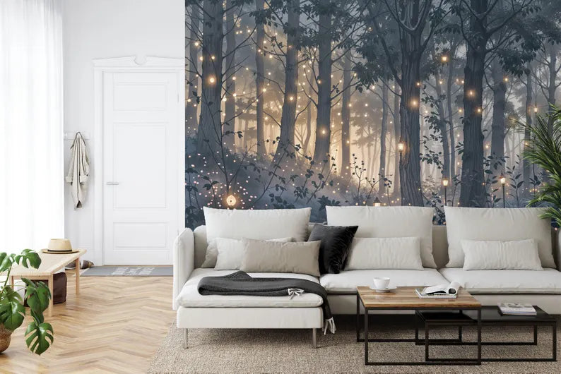 Magical Forest Wallpaper Mural, Purple Cyan Art Print