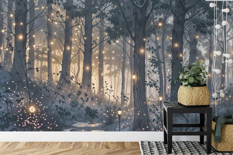 Magical Forest Wallpaper Mural, Purple Cyan Art Print