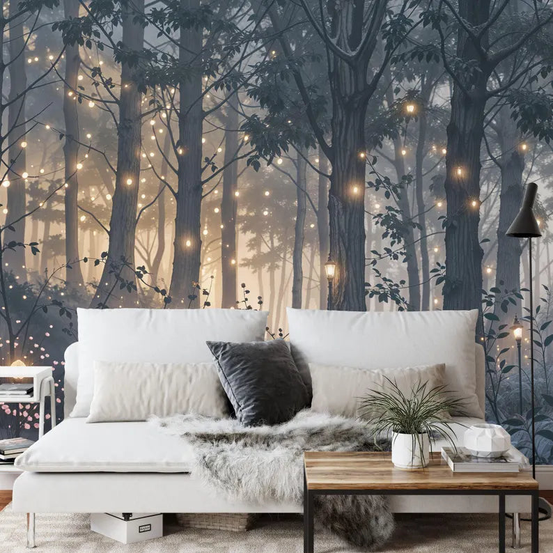 Magical Forest Wallpaper Mural, Purple Cyan Art Print