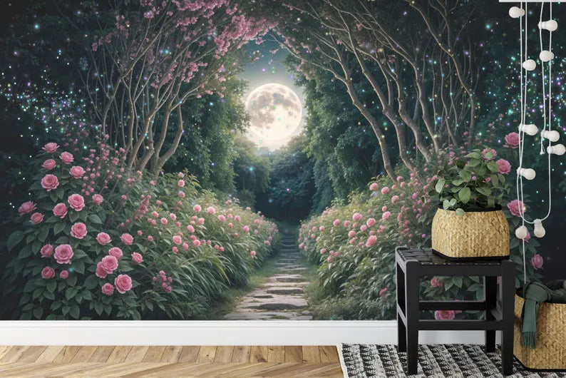 Magical Forest Wallpaper Mural, Purple Cyan Fairytale Gift