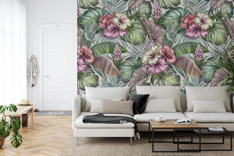 Vintage Tropical Hibiscus Floral Wallpaper Mural Art Print