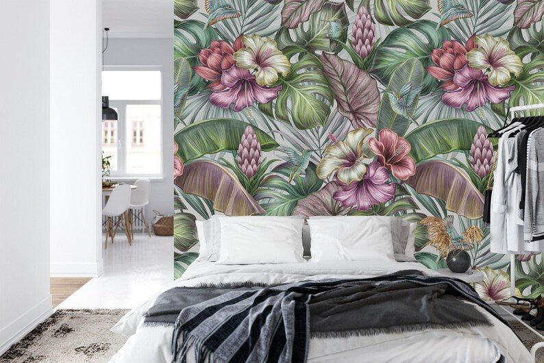Vintage Tropical Hibiscus Floral Wallpaper Mural Art Print