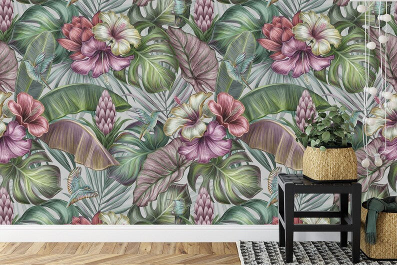 Vintage Tropical Hibiscus Floral Wallpaper Mural Art Print