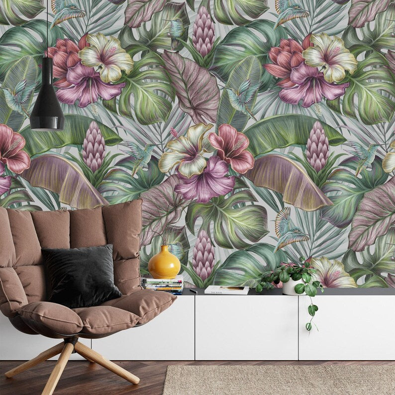 Vintage Tropical Hibiscus Floral Wallpaper Mural Art Print