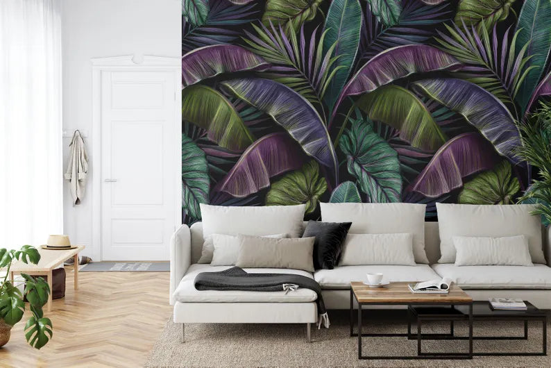 Tropical Banana Leaf Wallpaper Mural, Dark Vintage Pattern