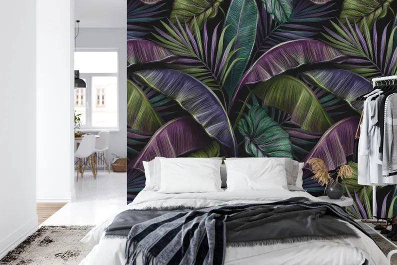 Tropical Banana Leaf Wallpaper Mural, Dark Vintage Pattern
