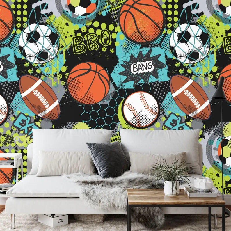 Sports Balls Wallpaper Mural, Boys Room Decor