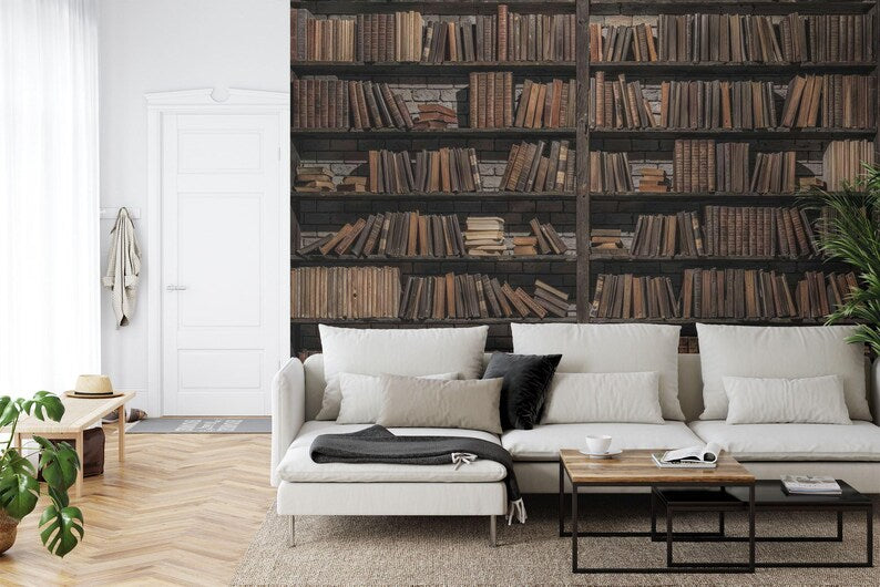 Vintage Bookshelf Wallpaper Mural Library Wall Decal