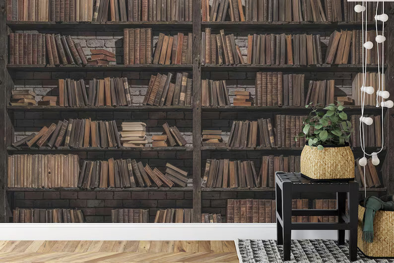 Vintage Bookshelf Wallpaper Mural Library Wall Decal