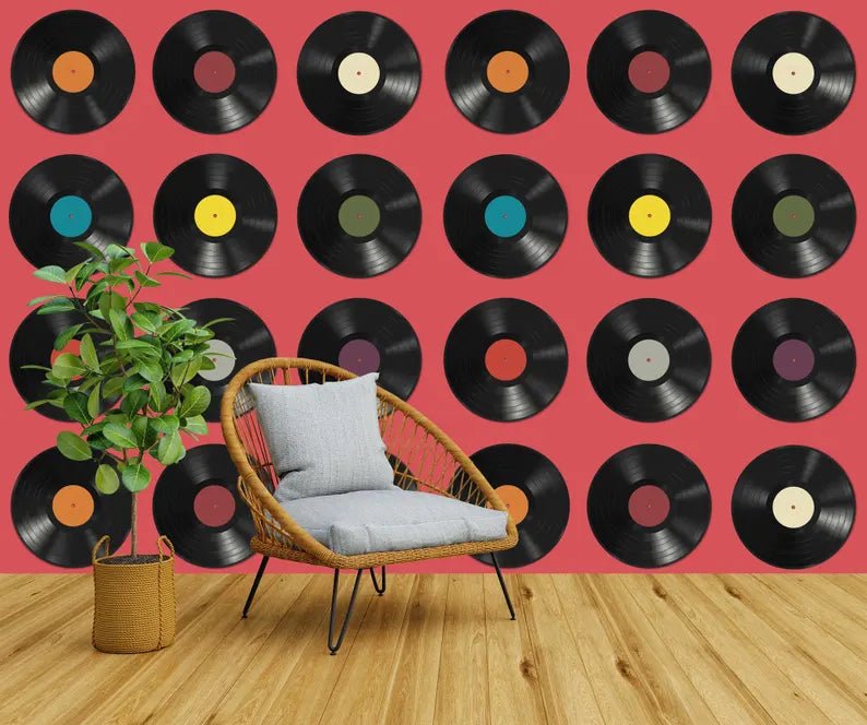 Vinyl Records Wallpaper Mural, Adjustable Background Color