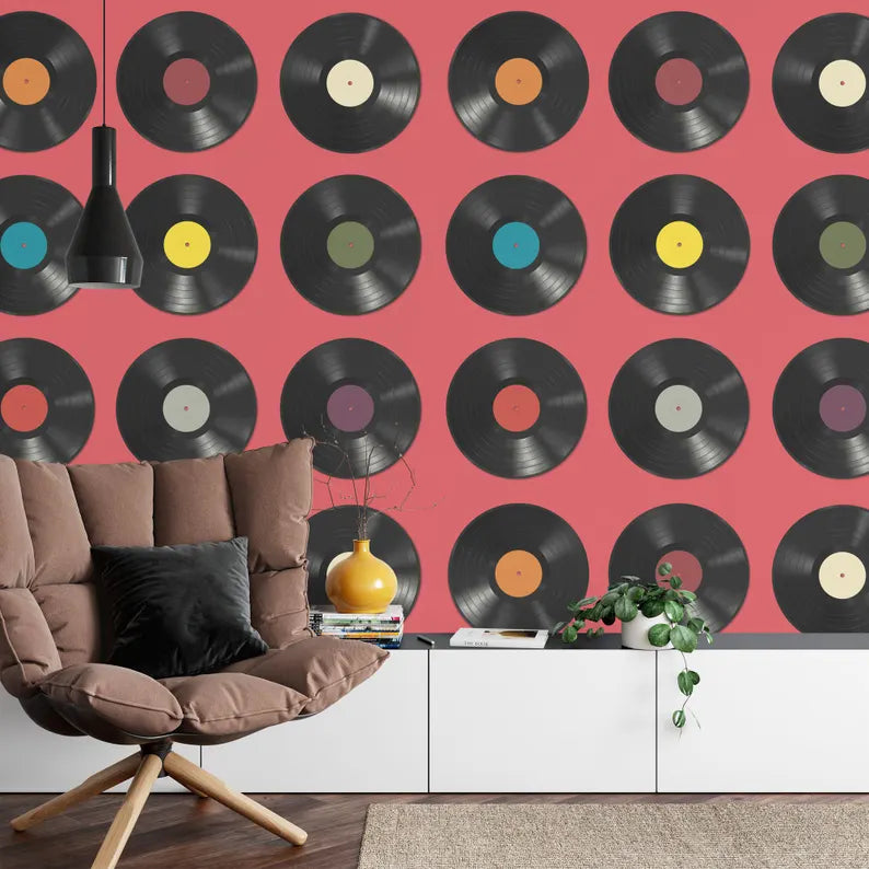 Vinyl Records Wallpaper Mural, Adjustable Background Color
