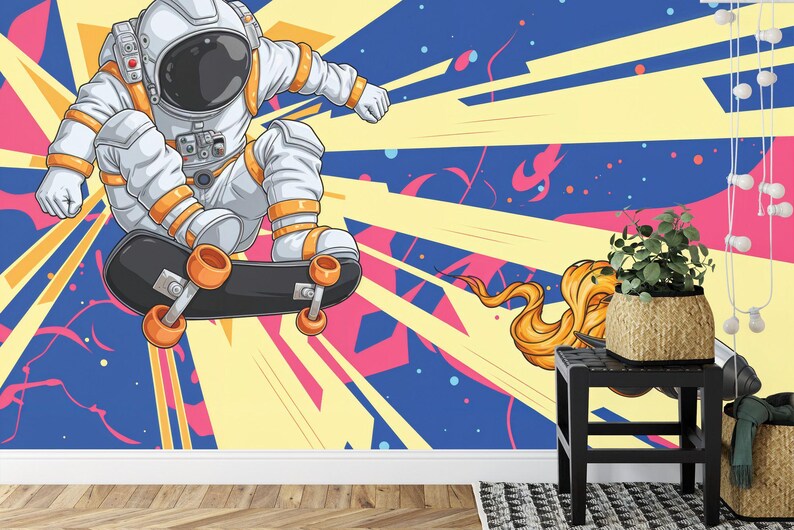 Spaceman Graffiti Art Print Wallpaper, Kids Room Decor