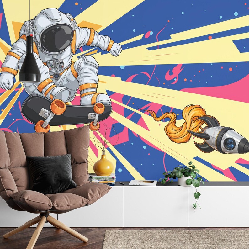 Spaceman Graffiti Art Print Wallpaper, Kids Room Decor