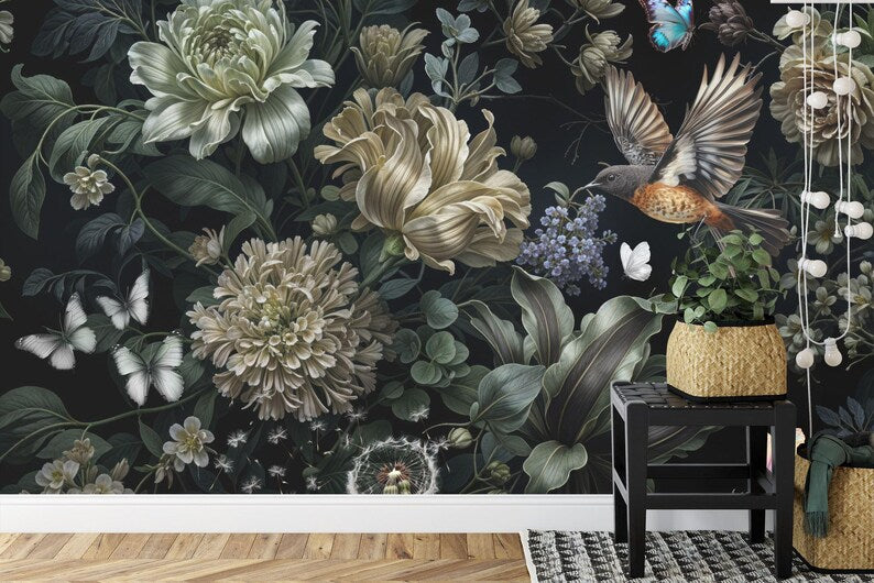 Baroque Floral Mural, Rich Peonies, Easy-Install Gift