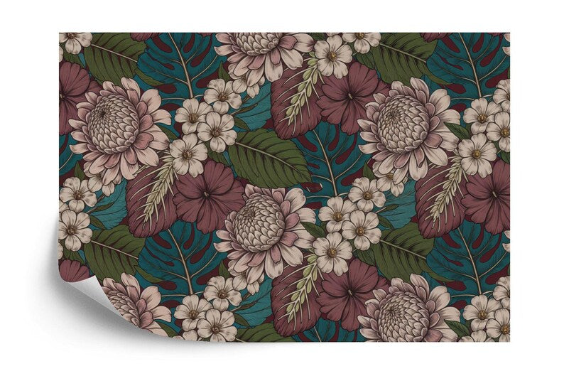 Baroque Peony Wallpaper Mural, Rich Deep Colors Art Print
