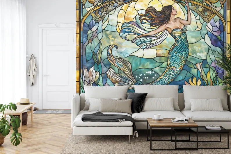 Mermaid Stained Glass Window Wallpaper Art Print