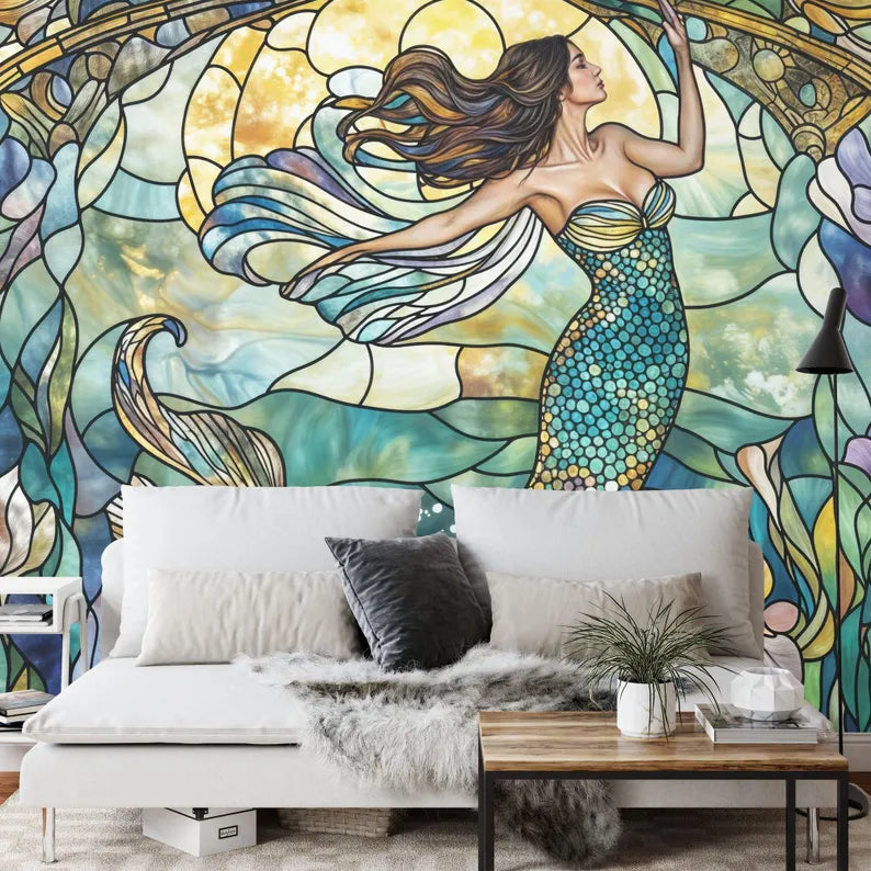 Mermaid Stained Glass Window Wallpaper Art Print