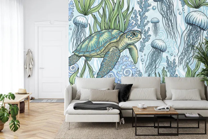 Ocean Turtle Jellyfish Wallpaper Mural Art Print