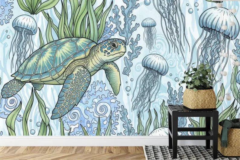 Ocean Turtle Jellyfish Wallpaper Mural Art Print