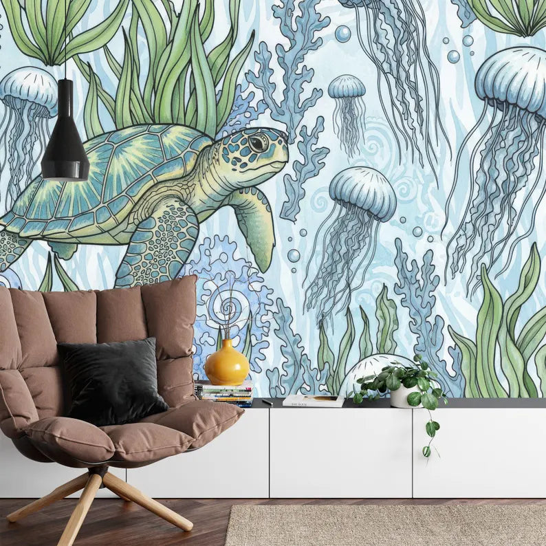 Ocean Turtle Jellyfish Wallpaper Mural Art Print