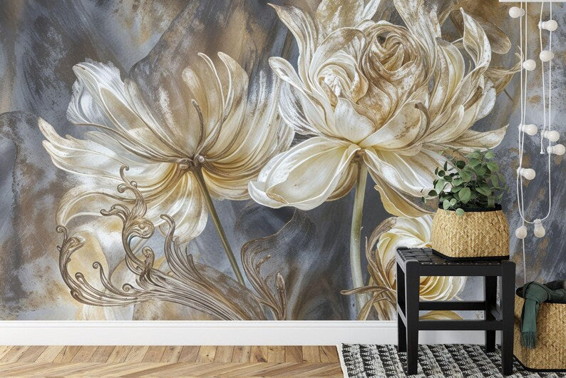 Baroque Peonies Wallpaper Mural, Rich Colors Gift
