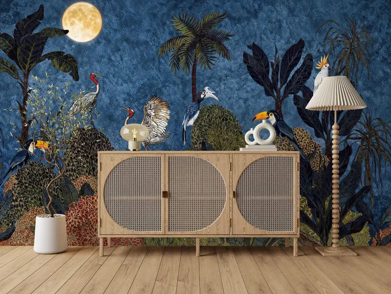 Tropical Jungle Chinoiserie Wallpaper Mural, Exotic