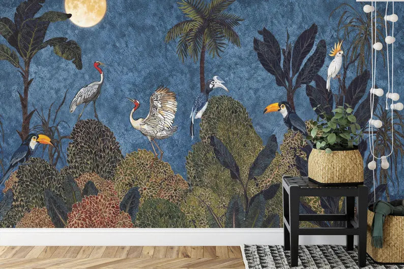 Tropical Jungle Chinoiserie Wallpaper Mural, Exotic
