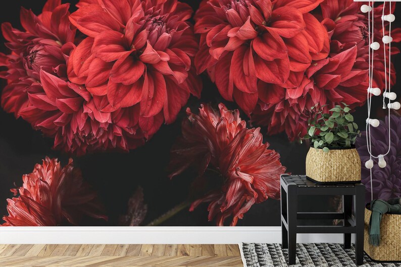 Red Dahlia Floral Peonies Wallpaper Mural Art Print