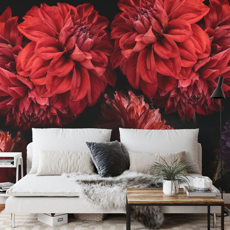 Red Dahlia Floral Peonies Wallpaper Mural Art Print