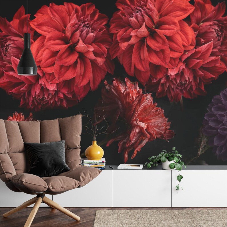 Red Dahlia Floral Peonies Wallpaper Mural Art Print