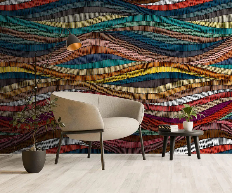 Rainbow Waves Wallpaper Mural, Boho Ethnic Gift