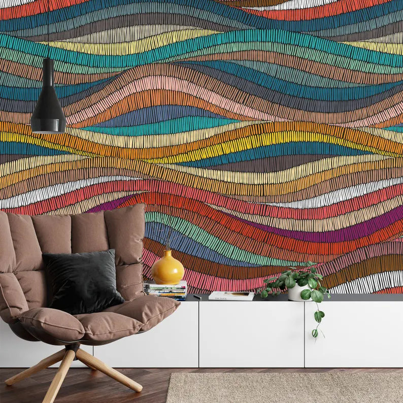 Rainbow Waves Wallpaper Mural, Boho Ethnic Gift