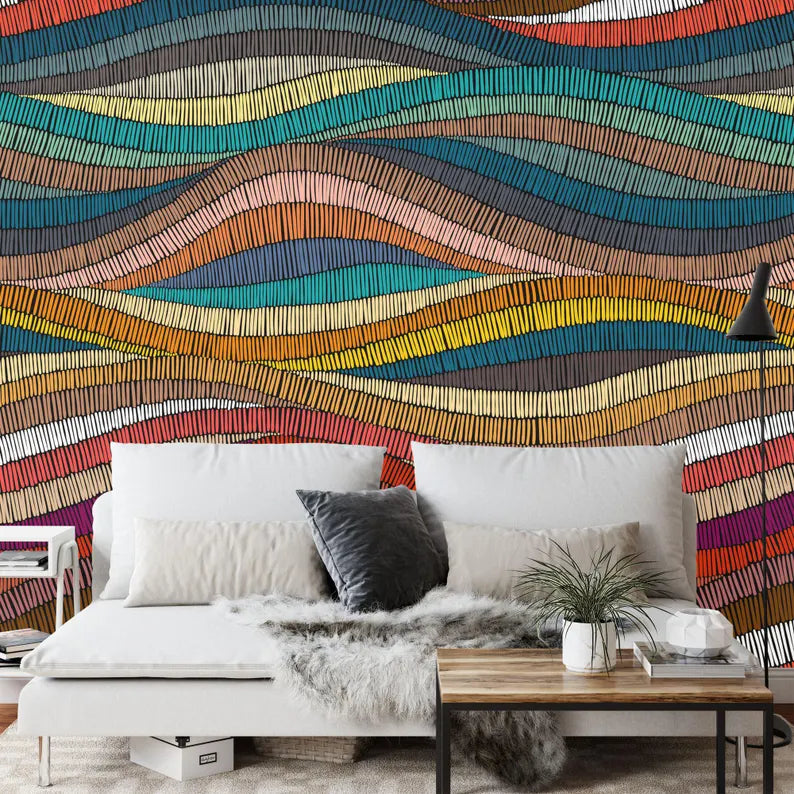 Rainbow Waves Wallpaper Mural, Boho Ethnic Gift
