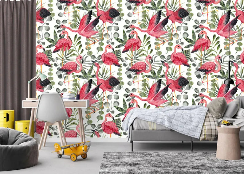 Watercolor Flamingo Wallpaper Mural, Kids Room