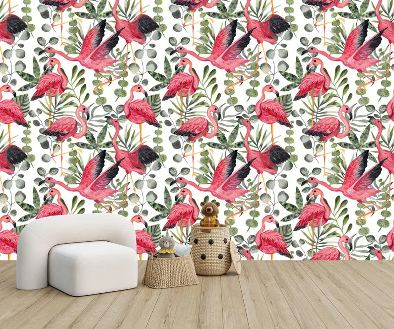 Watercolor Flamingo Wallpaper Mural, Kids Room