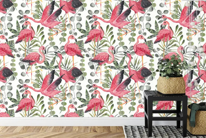 Watercolor Flamingo Wallpaper Mural, Kids Room
