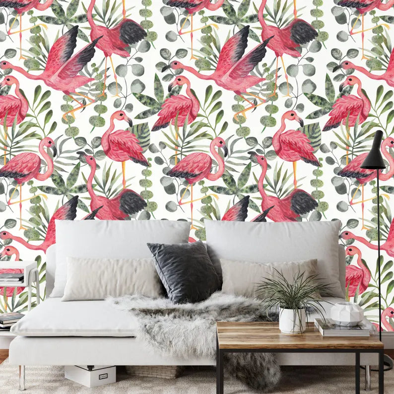 Watercolor Flamingo Wallpaper Mural, Kids Room