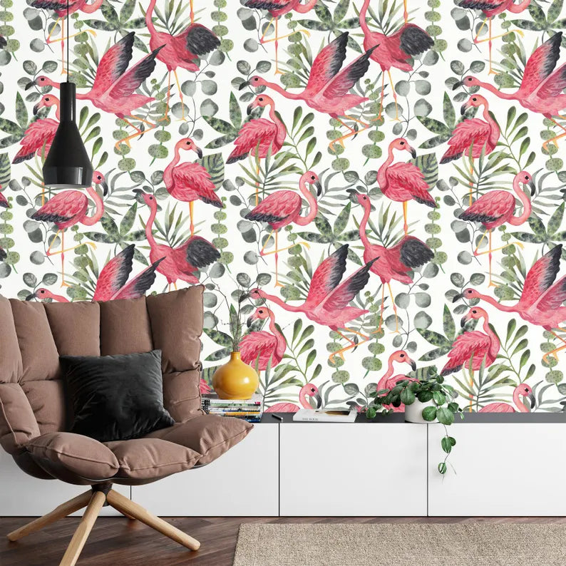 Watercolor Flamingo Wallpaper Mural, Kids Room